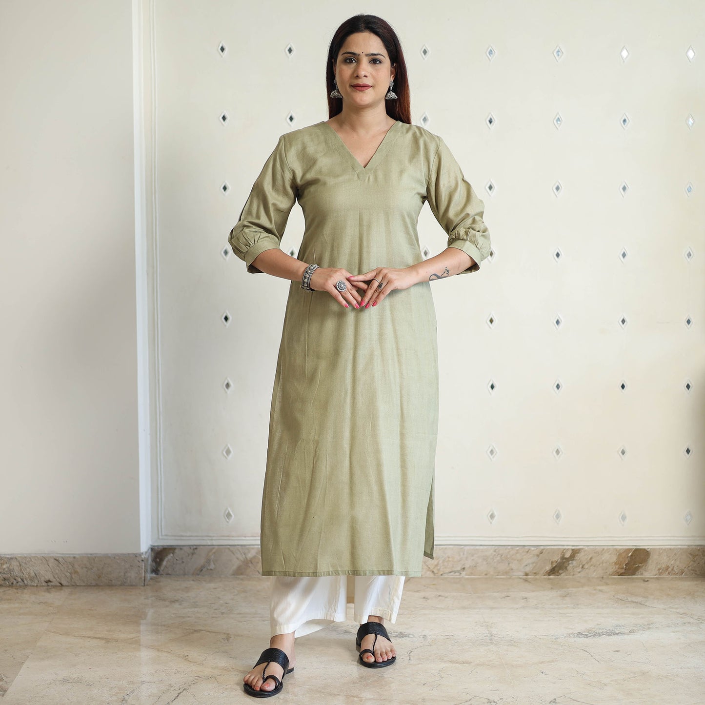 Light Olive Green - Linen Viscose Plain Long Straight Kurta 30