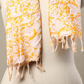 Buy Block Print Cotton Yellow Sanganeri Stole with Tassels