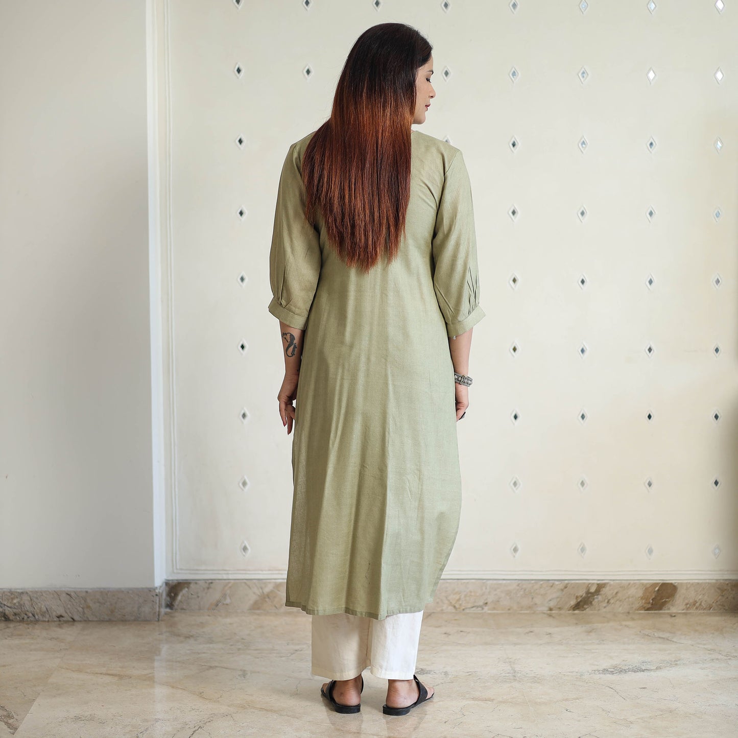 Light Olive Green - Linen Viscose Plain Long Straight Kurta 30