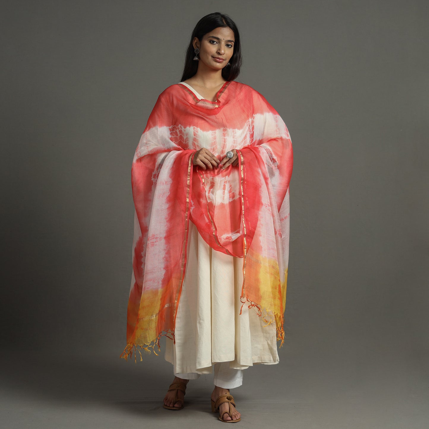 Red - Shibori Tie-Dye Kota Doria Silk Dupatta With Zari Border 04