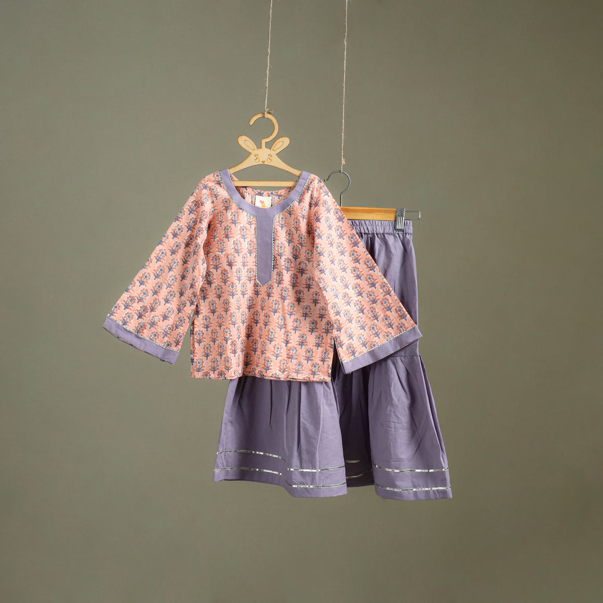 Girls Gota Work Floral Block Print Cotton Kurta with Sharara Set (3-4 Years) 22