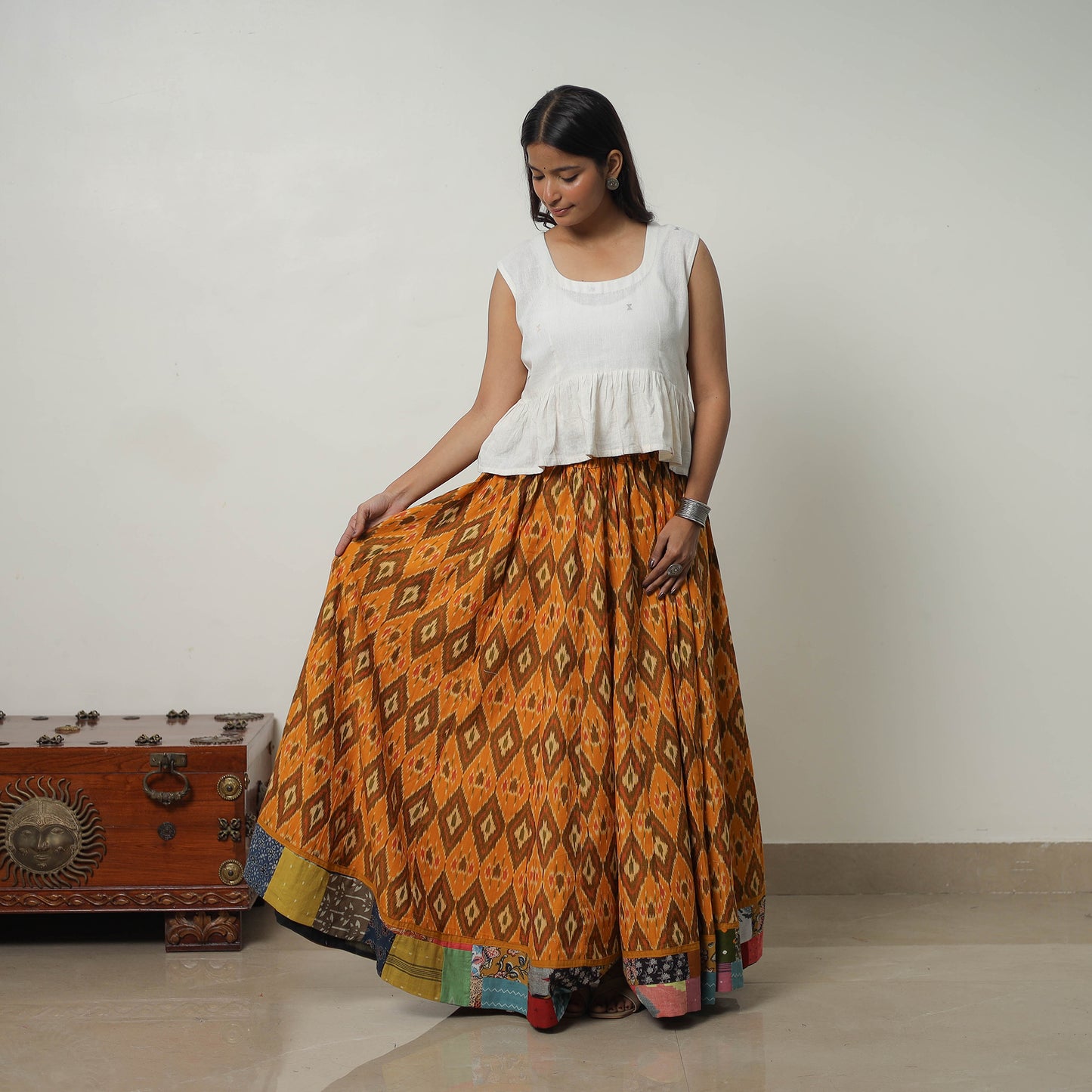 Orange - 24 Kali Cotton Pochampally Ikat Skirt with Border 22