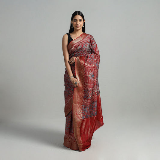 Natural Dyed Hand Block Print Dola Silk Ajrakh Saree 02