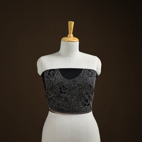Black - Bengal Kantha Hand Embroidered Cotton Blouse Piece 35
