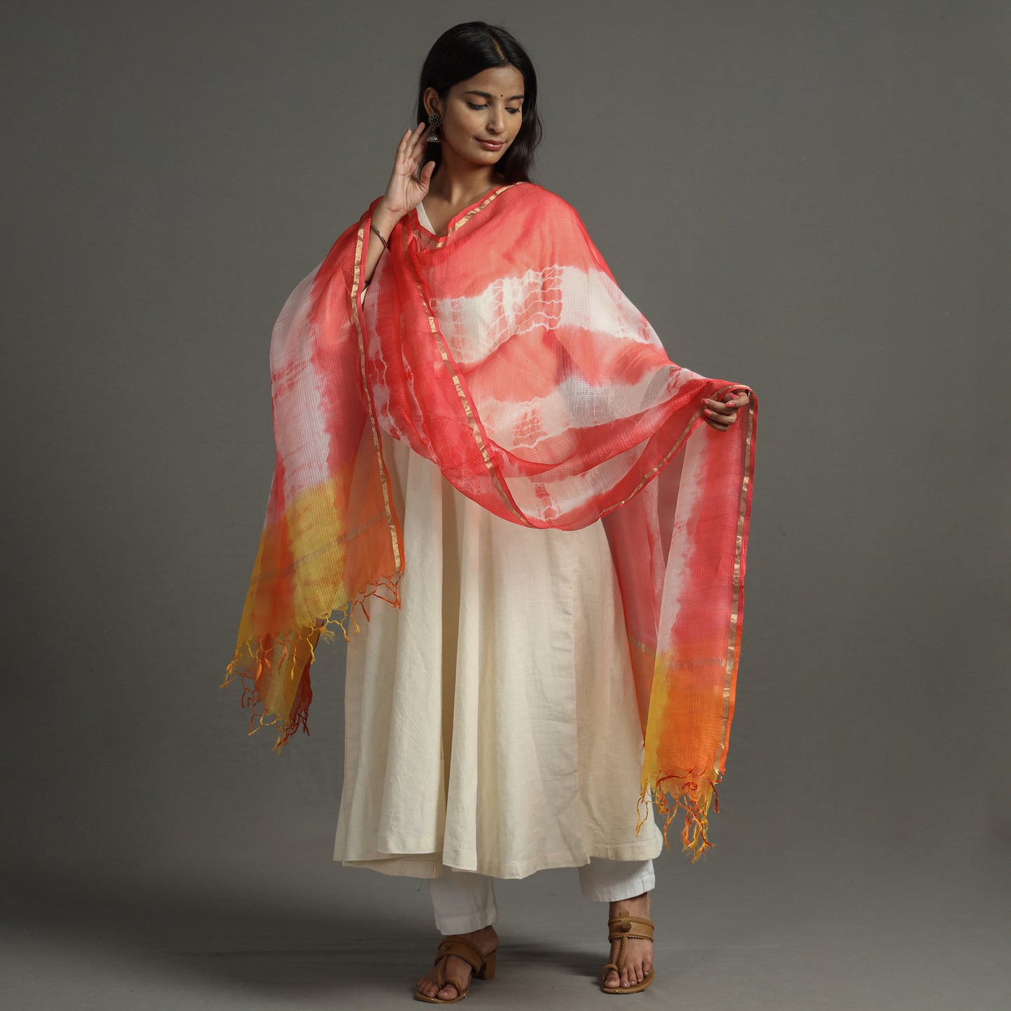 Red - Shibori Tie-Dye Kota Doria Silk Dupatta With Zari Border 04