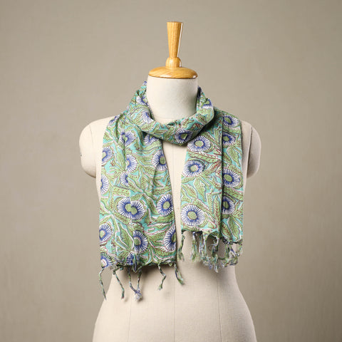  Block Print Cotton Green Sanganeri Stole with Tassels