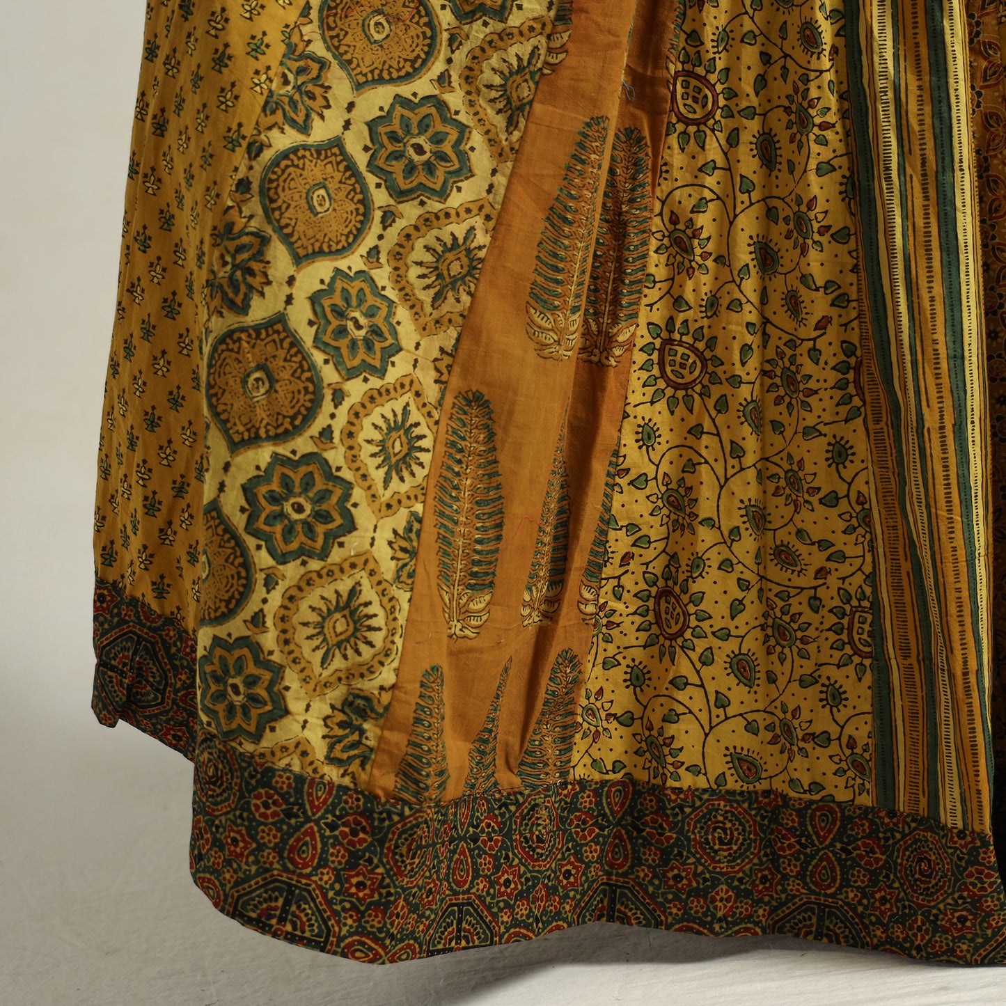 Yellow - Ajrakh Block Printed 24 Kali Patchwork Cotton Long Skirt 72