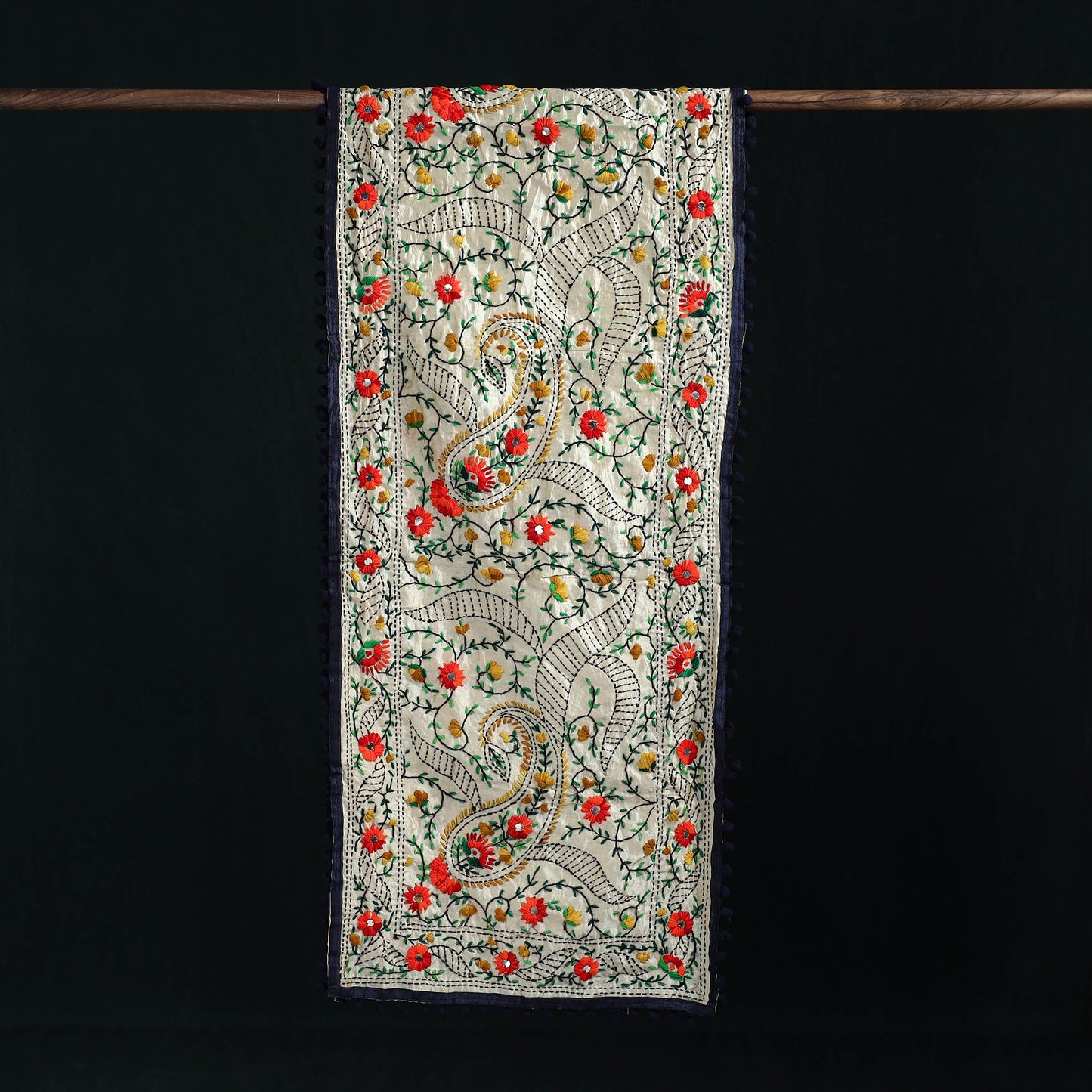 Ranihati Chanderi Silk Hand Embroidered Stole with Pom Pom 208