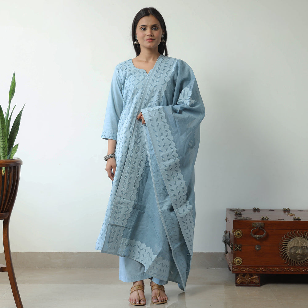 Blue - Applique Cut Work Cotton Kurta with Palazzo & Dupatta Set 08