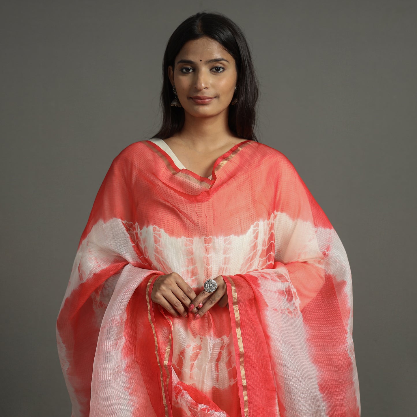 Red - Shibori Tie-Dye Kota Doria Silk Dupatta With Zari Border 04