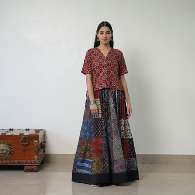 24 Kali Patchwork Block Printed Cotton Ajrakh Skirt 51