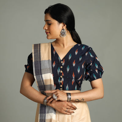 Black - Blue - Pochampally Ikat Cotton Stitched Blouse