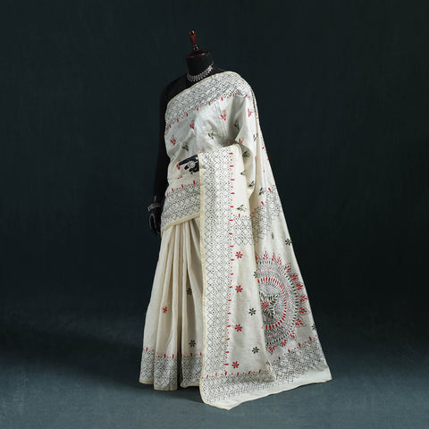 White  - Bengal Hand Embroidery Silk Nakshi Kantha Saree 06