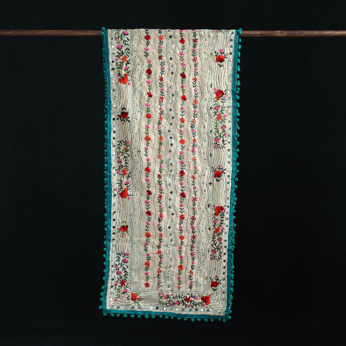 Ranihati Chanderi Silk Hand Embroidered Stole with Pom Pom 207