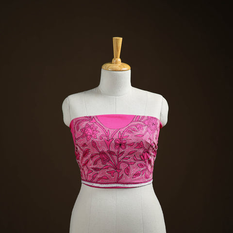 Pink - Bengal Kantha Hand Embroidered Cotton Blouse Piece 36