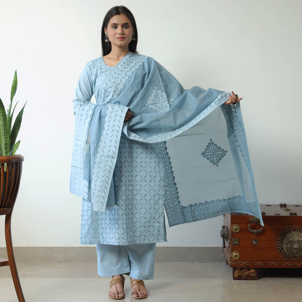 Blue - Applique Cut Work Cotton Kurta with Palazzo & Dupatta Set 08