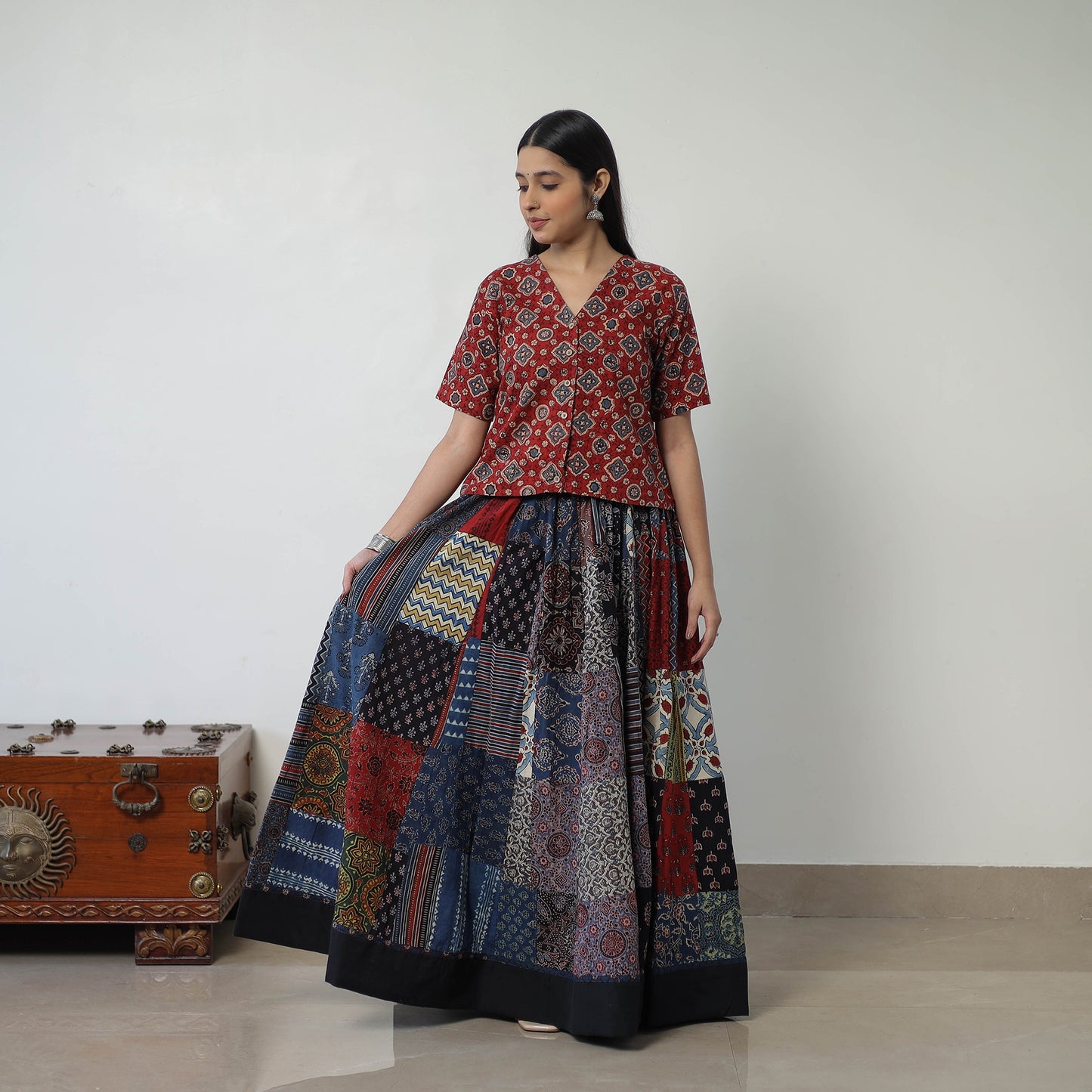 24 Kali Patchwork Block Printed Cotton Ajrakh Skirt 51