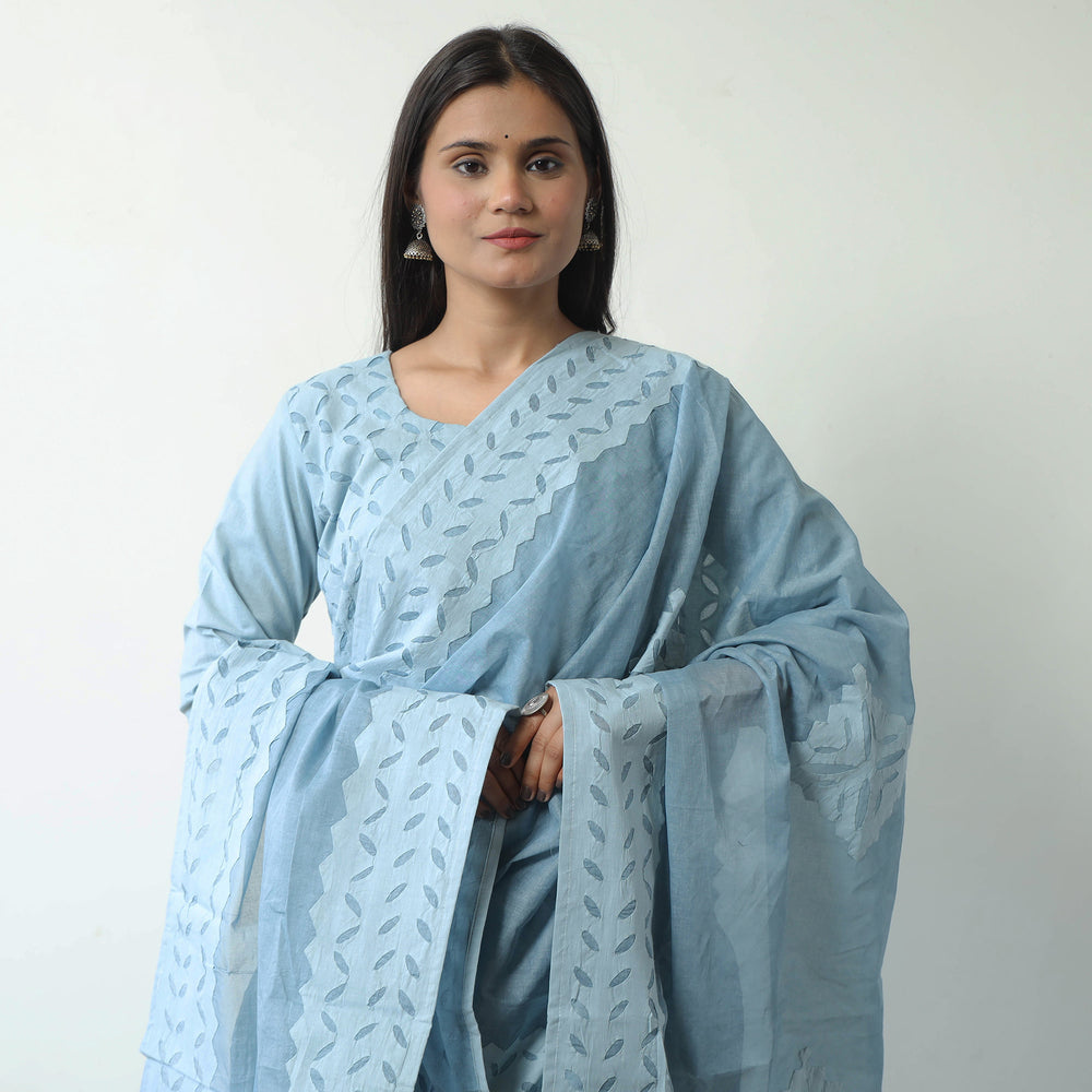 Blue - Applique Cut Work Cotton Kurta with Palazzo & Dupatta Set 08