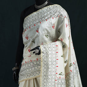 White  - Bengal Hand Embroidery Silk Nakshi Kantha Saree 06