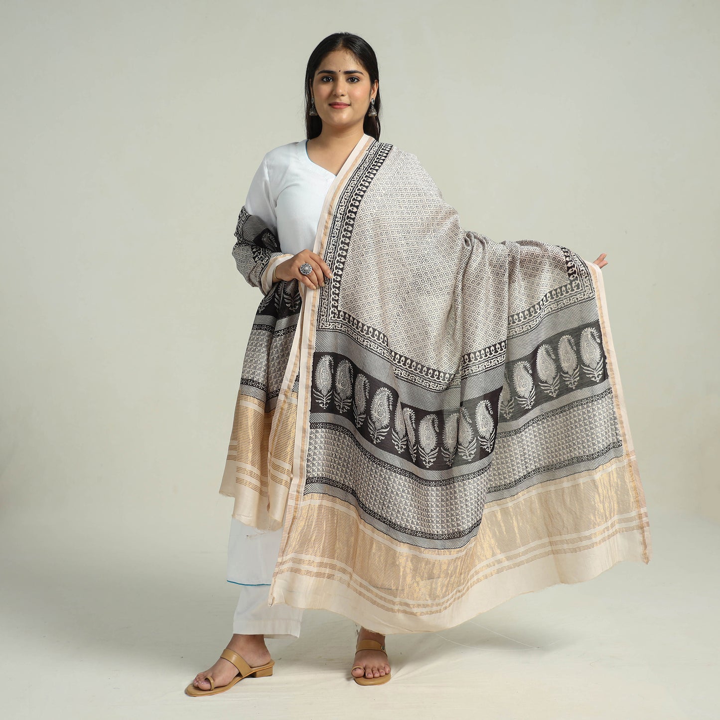 Grey - Traditional Maheshwari Silk Bagh Print Dupatta 23