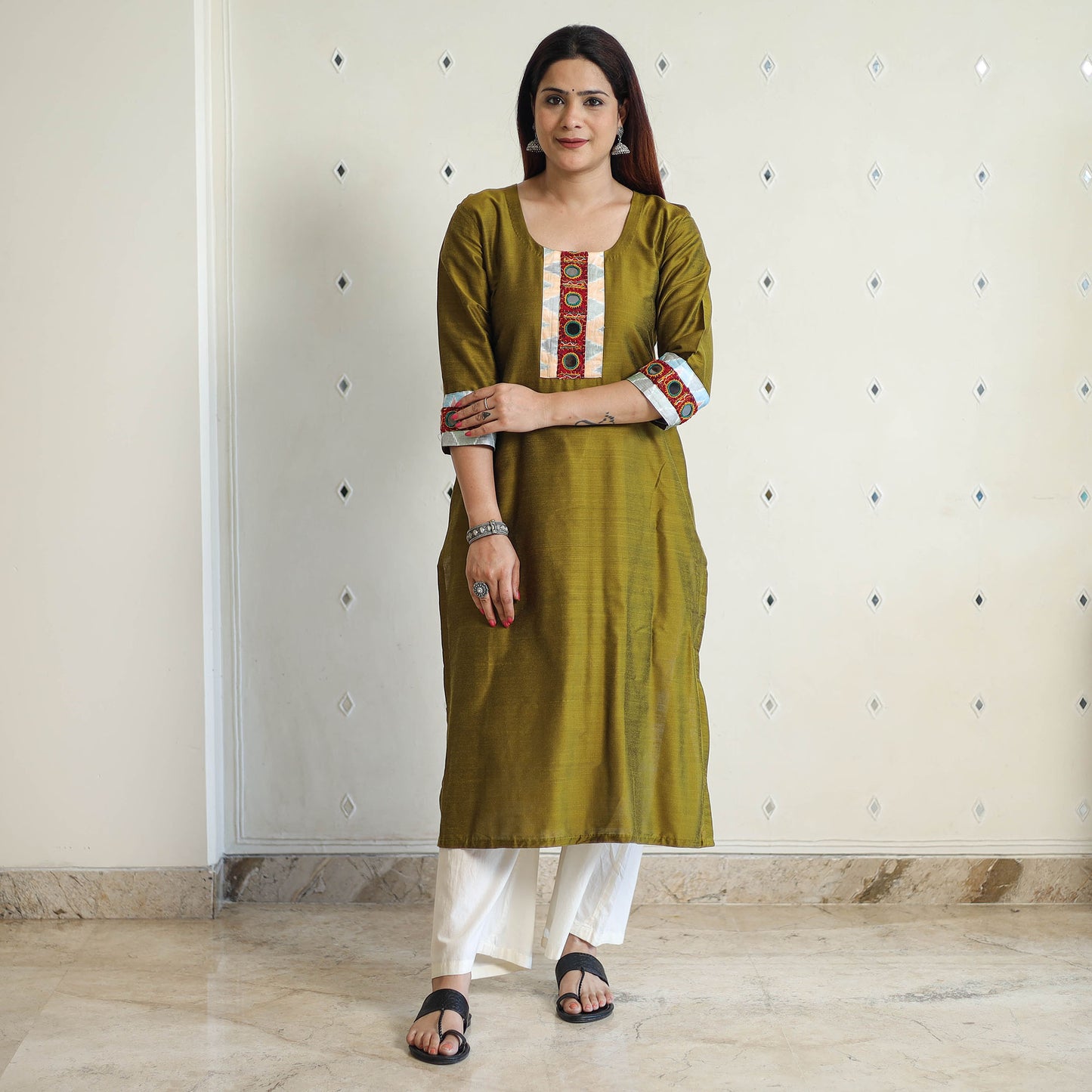 Olive Green - Plain Slub Silk Long Straight Kurta with Ikat Patchwork 31