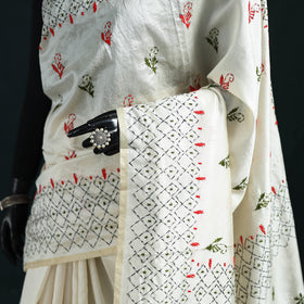 White  - Bengal Hand Embroidery Silk Nakshi Kantha Saree 06
