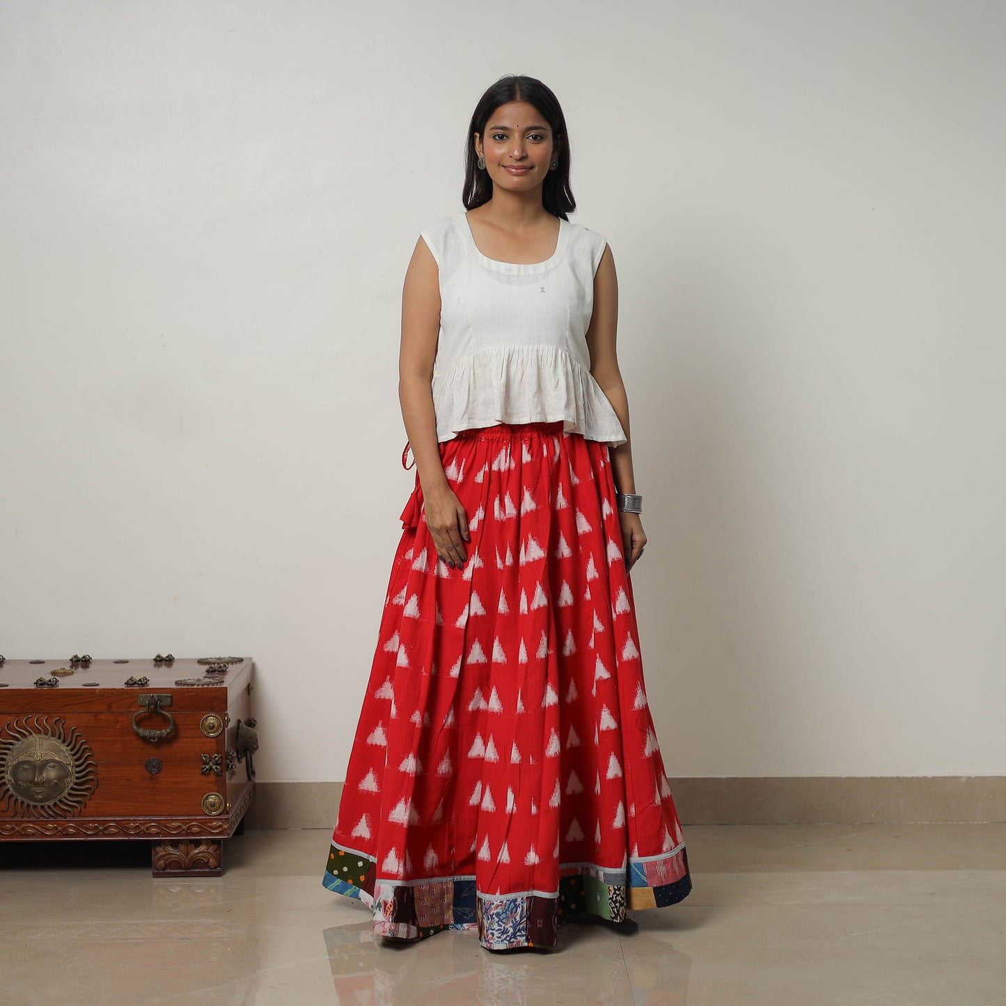 Red - 24 Kali Cotton Pochampally Ikat Skirt with Border 23