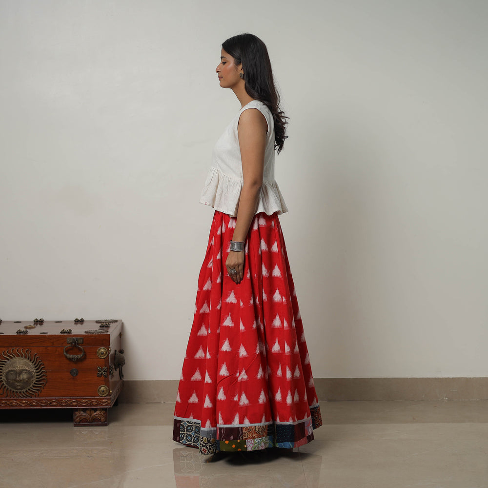 Red - 24 Kali Cotton Pochampally Ikat Skirt with Border 23