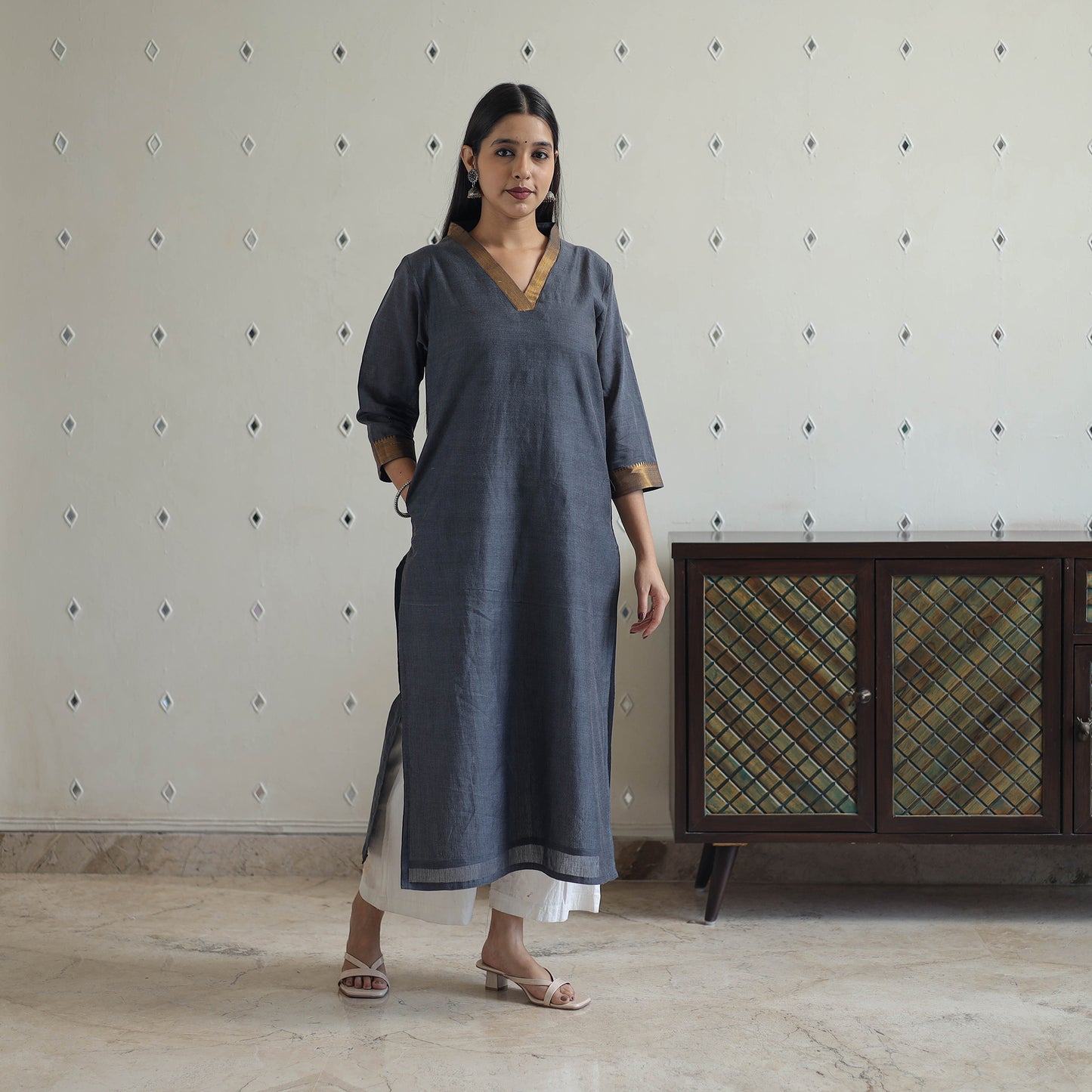 Grey - Jannat Dark Gray Mangalagiri Cotton Kurta