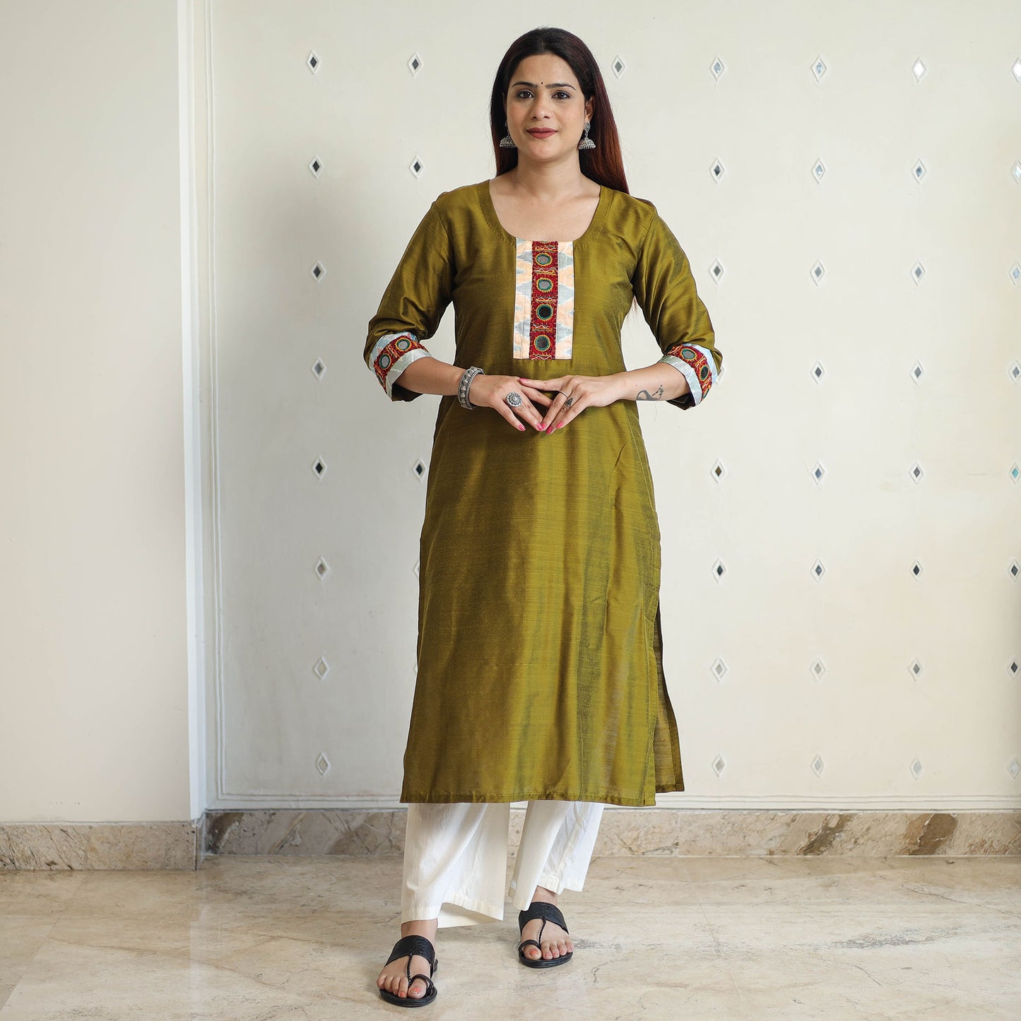 Olive Green - Plain Slub Silk Long Straight Kurta with Ikat Patchwork 31