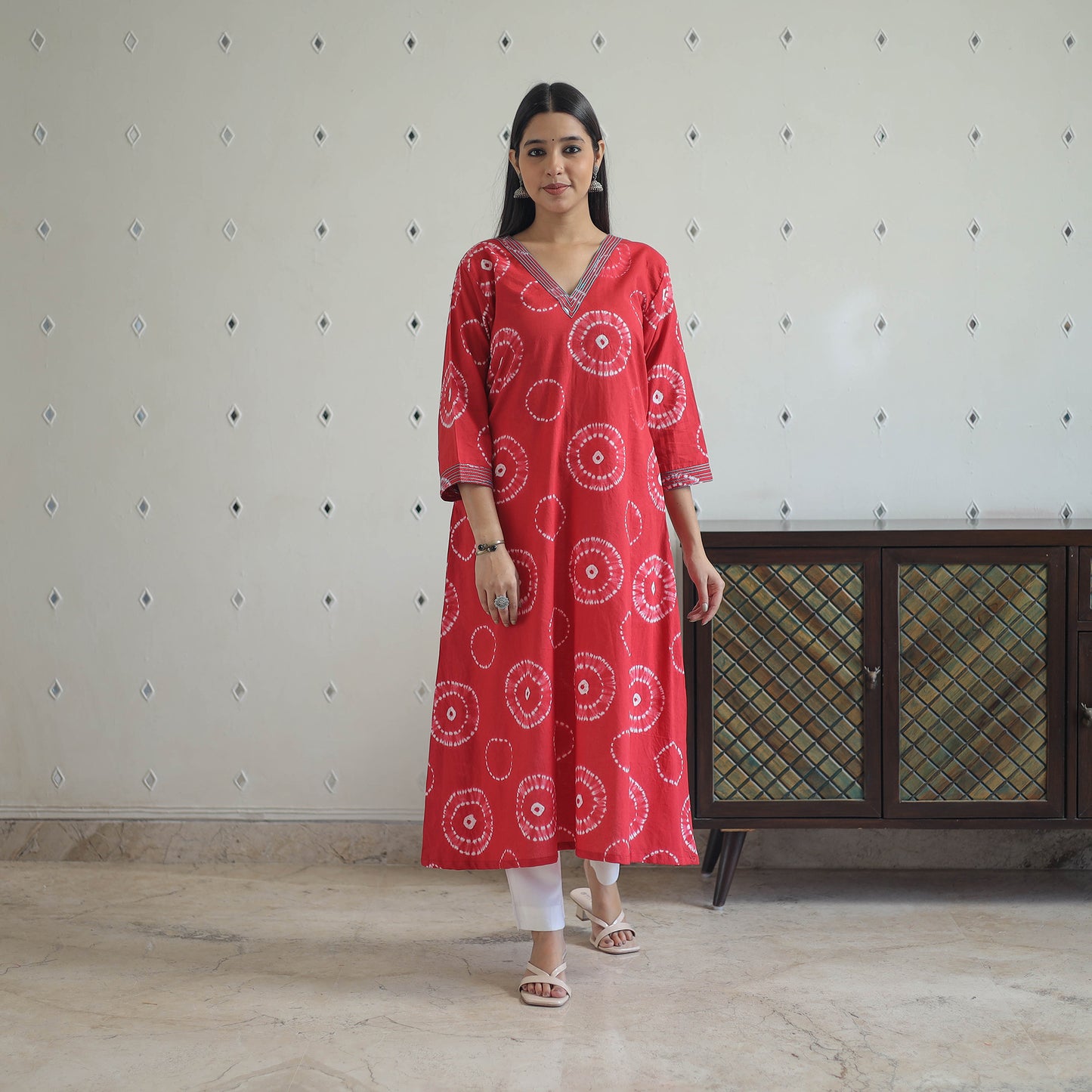 Red - A-Line Tie & Dye Cotton Shibori Kurta 04