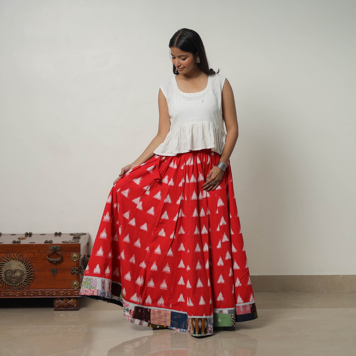 Red - 24 Kali Cotton Pochampally Ikat Skirt with Border 23