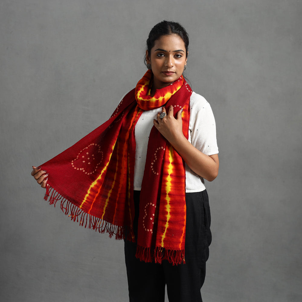 Red - Kutch Handwoven Bandhani & Shibori Woolen Stole 28