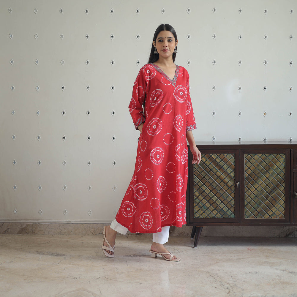 Red - A-Line Tie & Dye Cotton Shibori Kurta 04