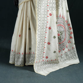 White  - Bengal Hand Embroidery Silk Nakshi Kantha Saree 06