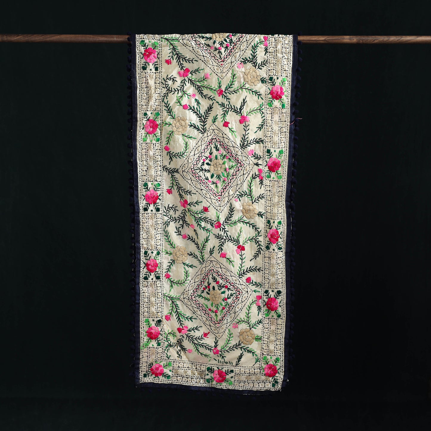 Ranihati Chanderi Silk Hand Embroidered Stole with Pom Pom 203