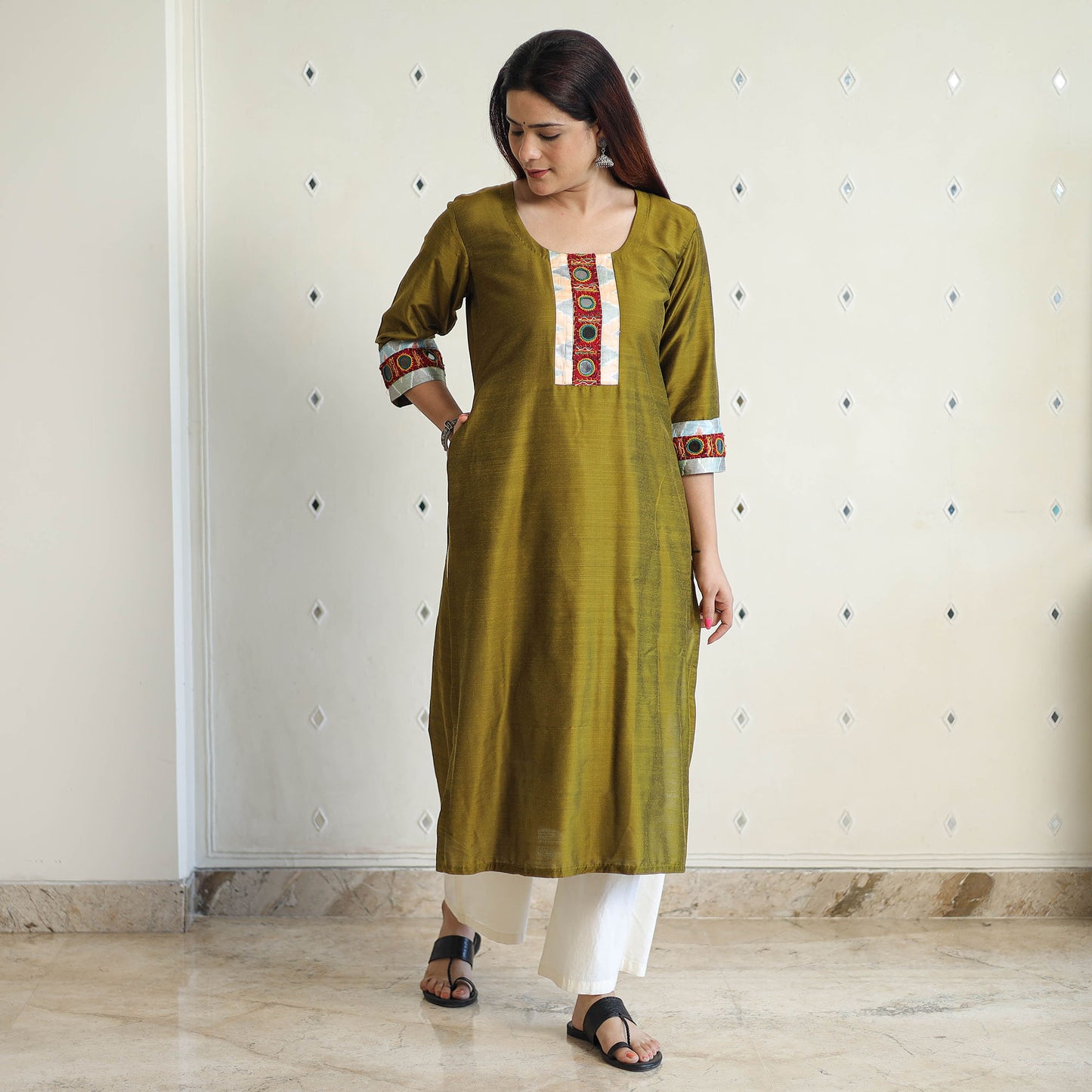 Olive Green - Plain Slub Silk Long Straight Kurta with Ikat Patchwork 31