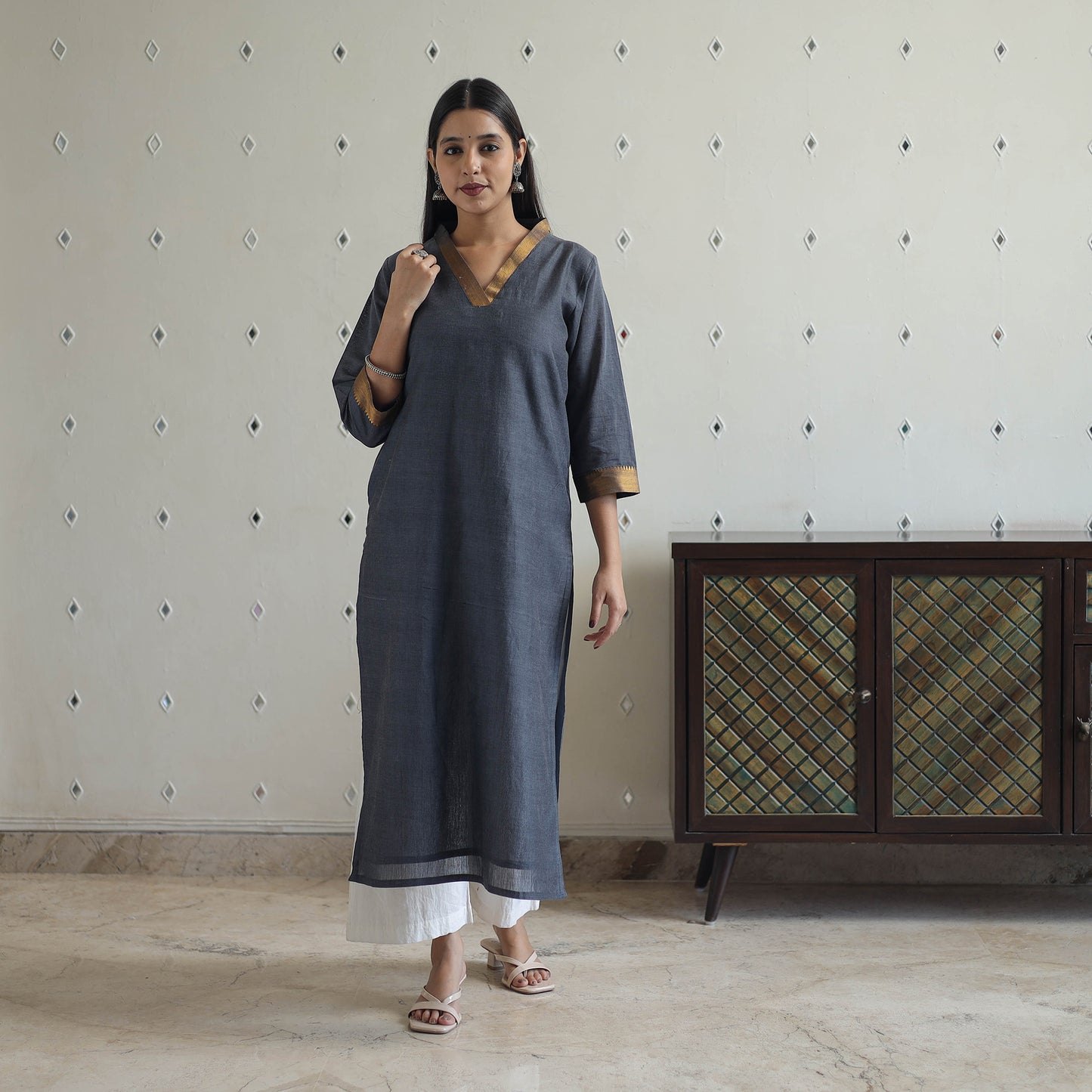 Grey - Jannat Dark Gray Mangalagiri Cotton Kurta