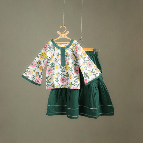 Girls Gota Work Floral Block Print Cotton Kurta with Sharara Set (3-4 Years) 23