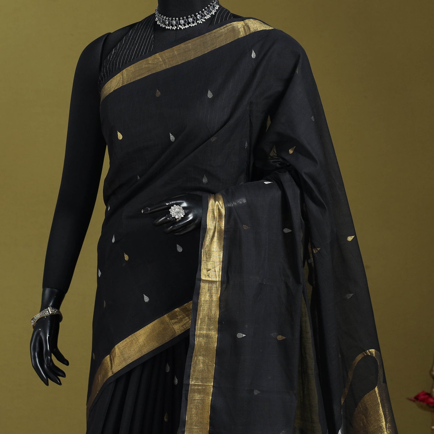 Black - handspun handloom full zari work fine cotton
