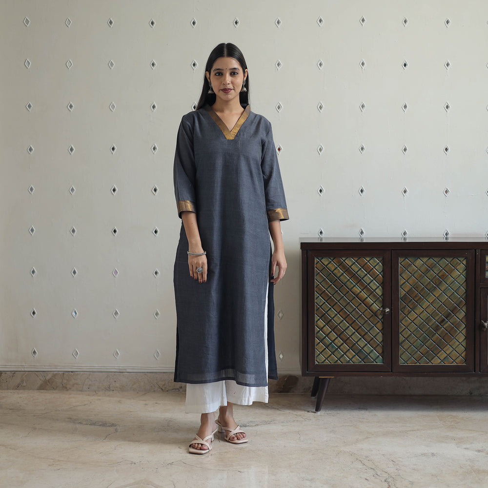 Grey - Jannat Dark Gray Mangalagiri Cotton Kurta