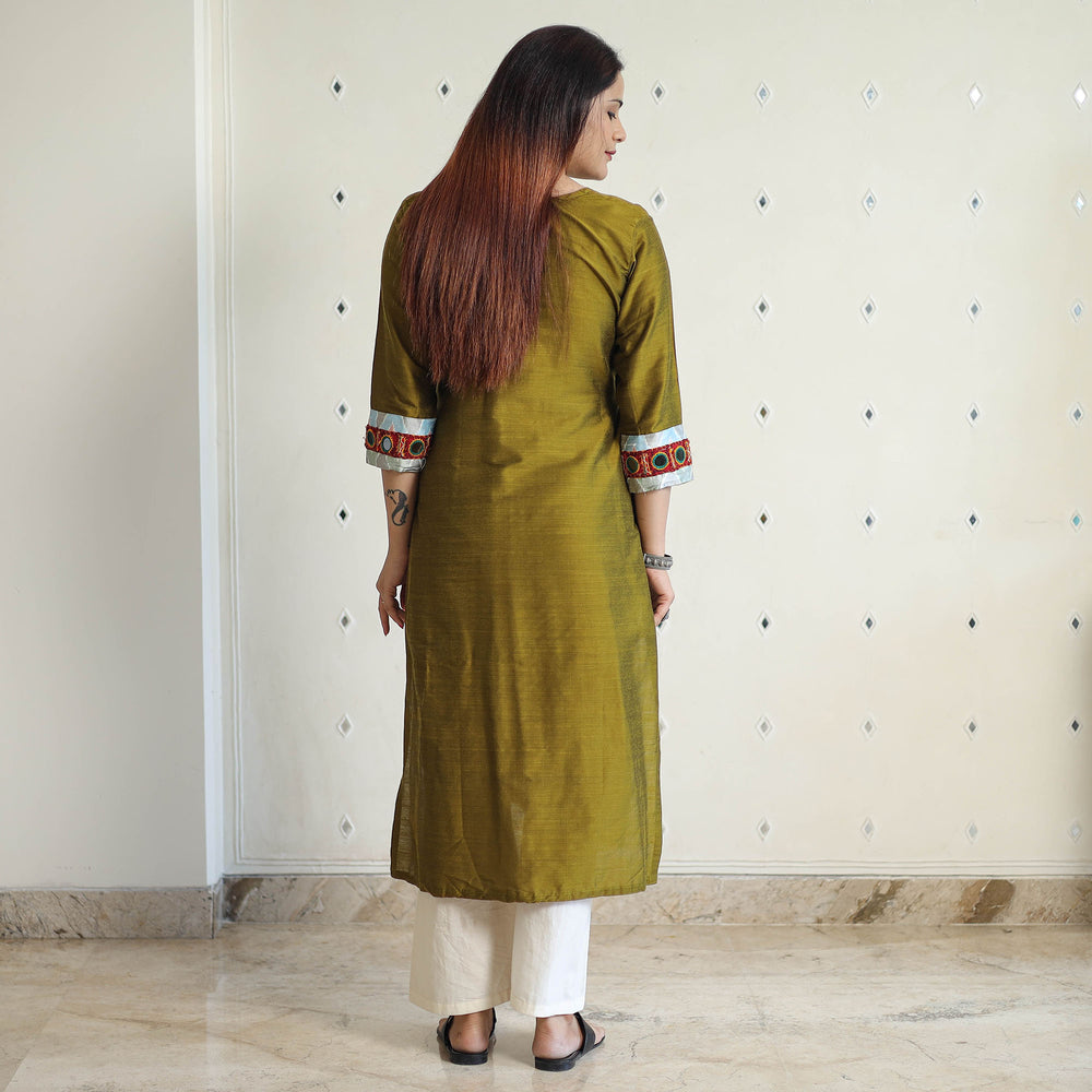 Olive Green - Plain Slub Silk Long Straight Kurta with Ikat Patchwork 31