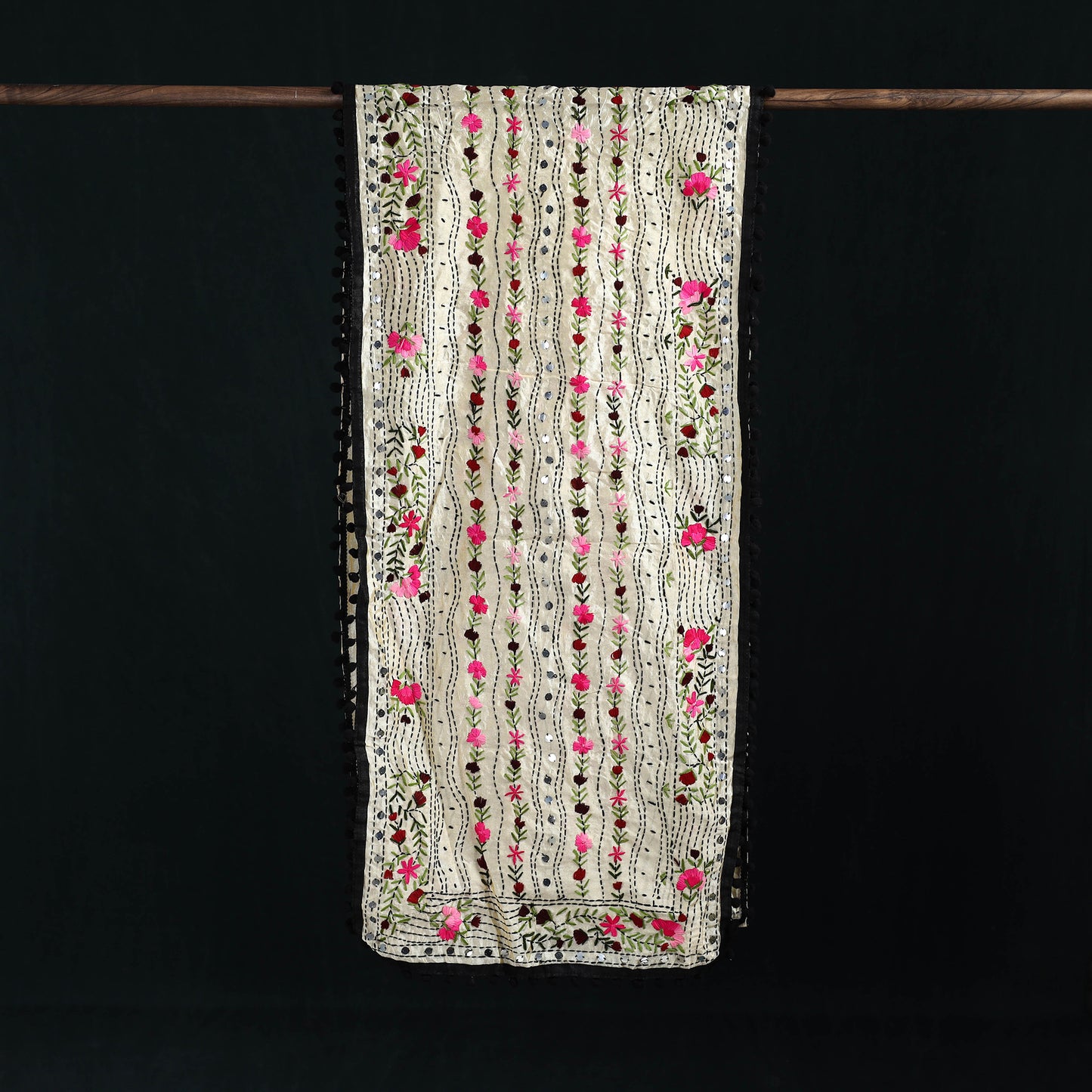 Ranihati Chanderi Silk Hand Embroidered Stole with Pom Pom 201
