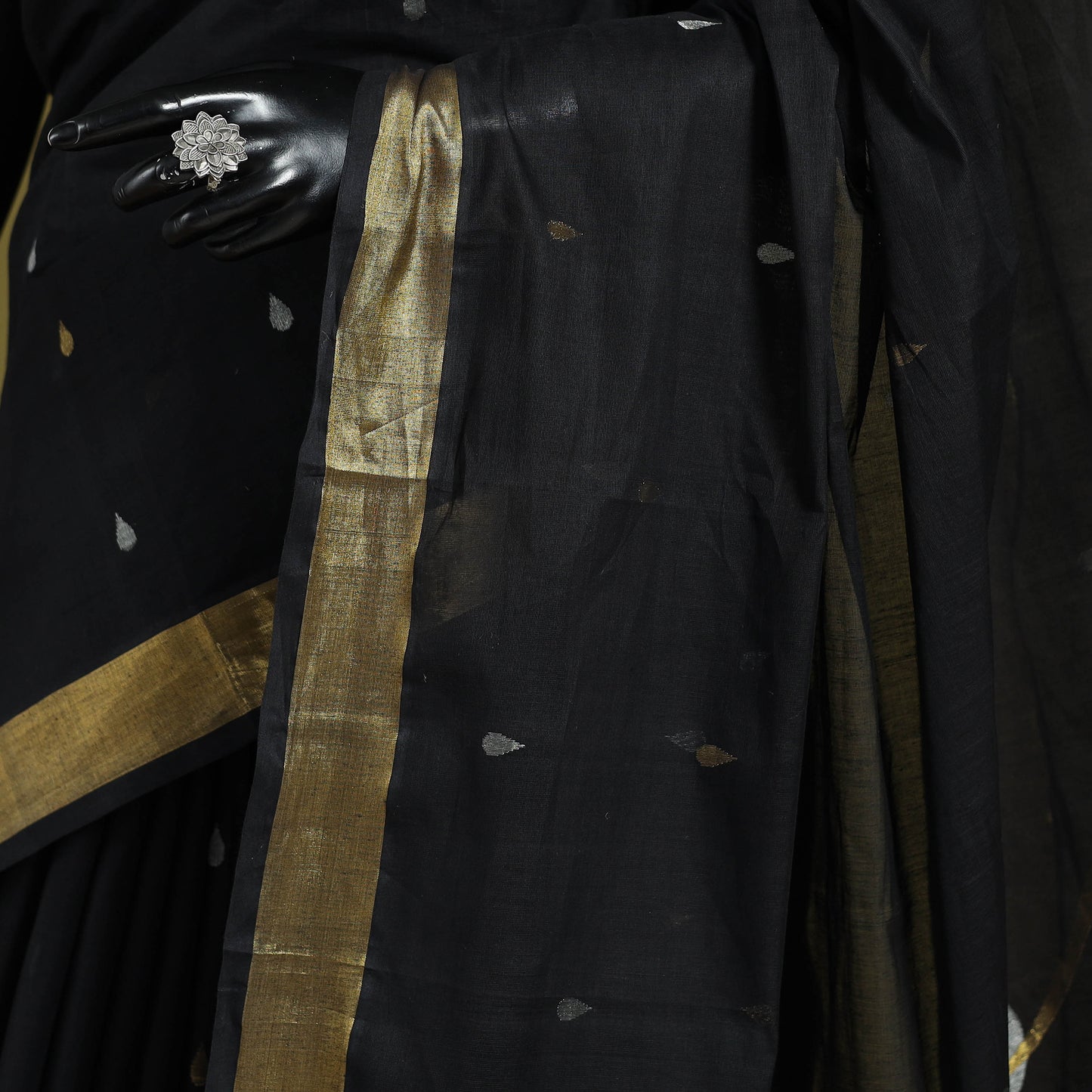 Black - handspun handloom full zari work fine cotton