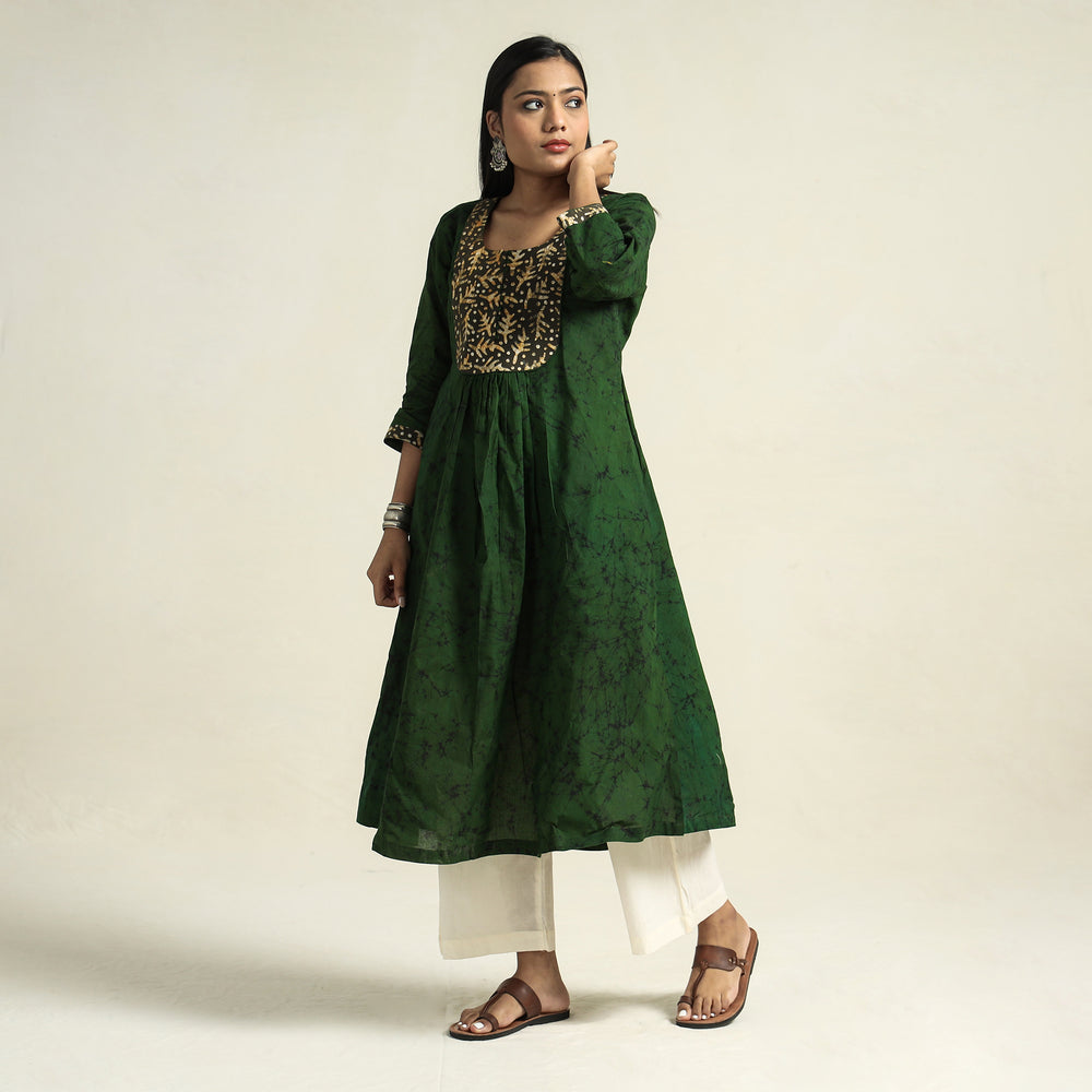 Dark Green - Kutch Batik Printed Cotton A-Line Kurta