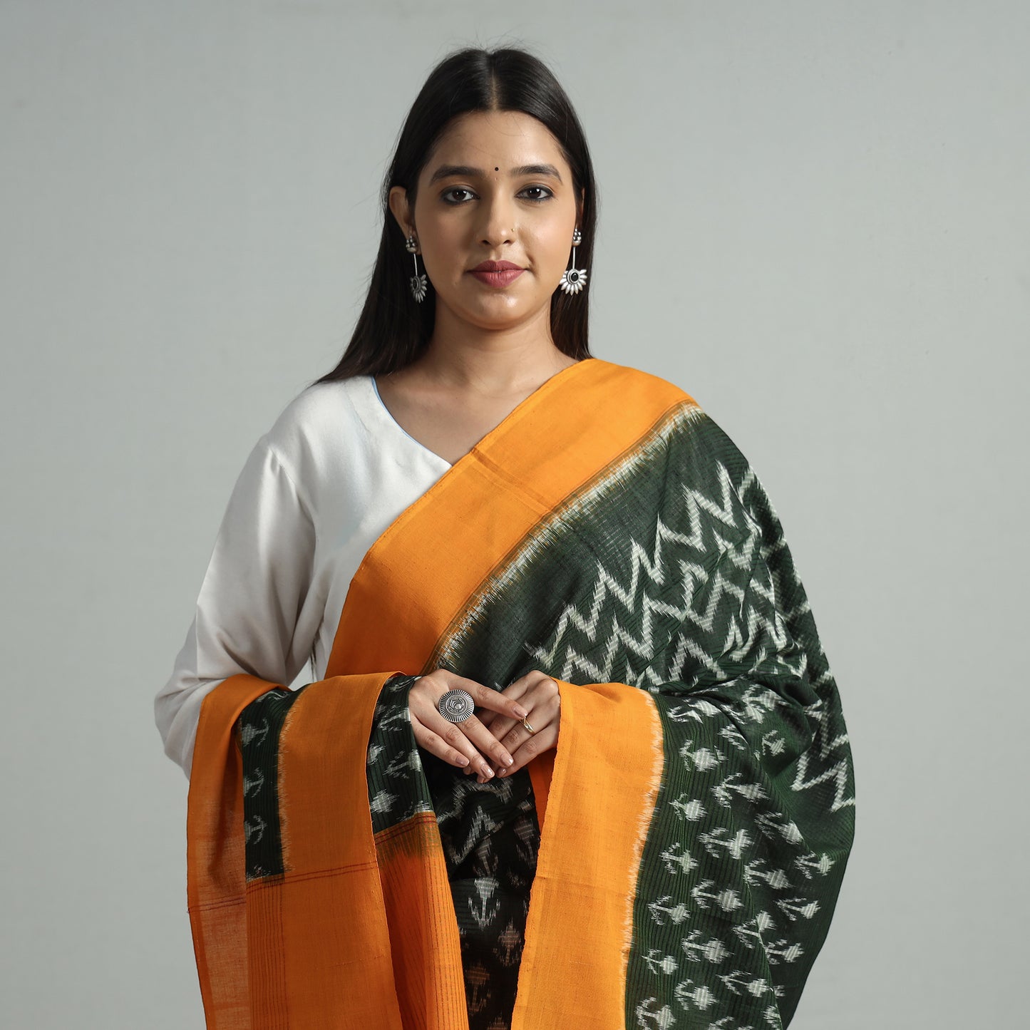 Green - Pochampally Missing Ikat Weave Cotton Handloom Dupatta 45