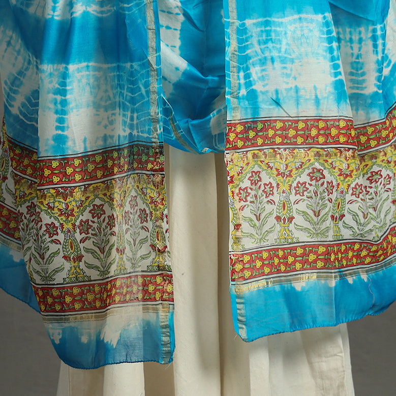 Blue - Shibori Tie-Dye Chanderi Silk Dupatta with Zari Border 105