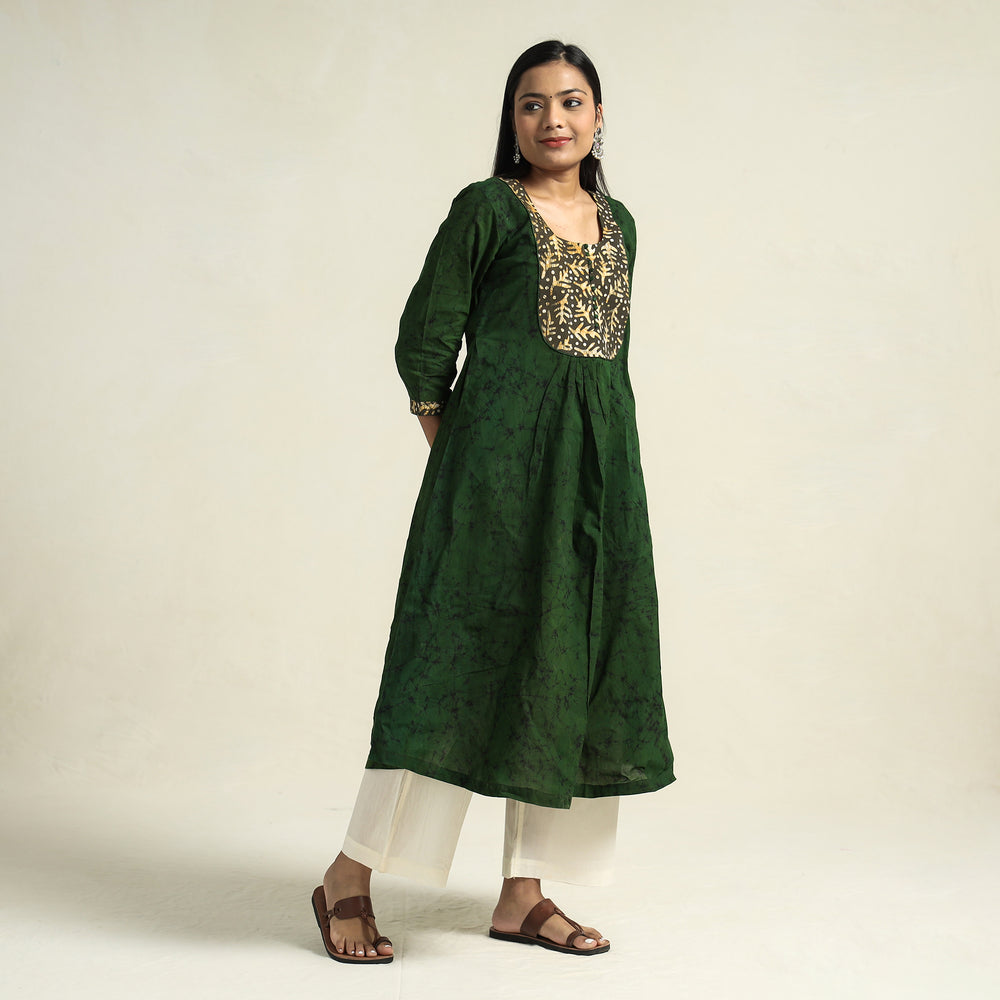 Dark Green - Kutch Batik Printed Cotton A-Line Kurta