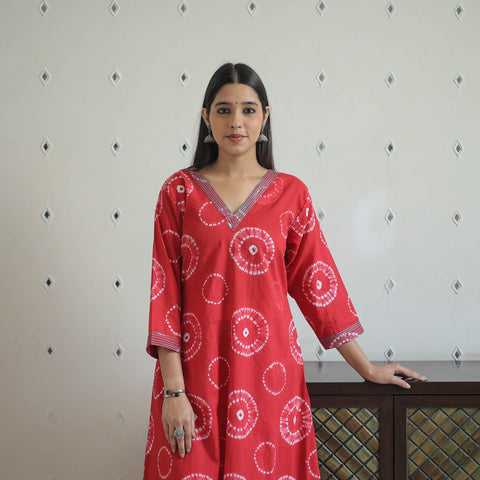 Red - A-Line Tie & Dye Cotton Shibori Kurta 04