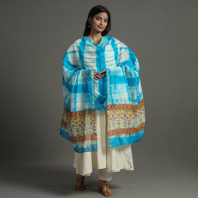 Blue - Shibori Tie-Dye Chanderi Silk Dupatta with Zari Border 105